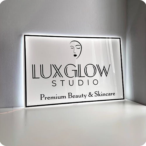 Printed acrylic business sign panel with illuminated edge