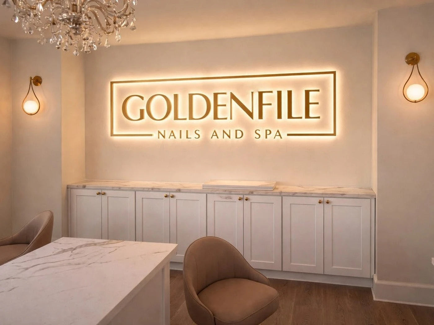 Gold metal lettering with warm halo backlighting