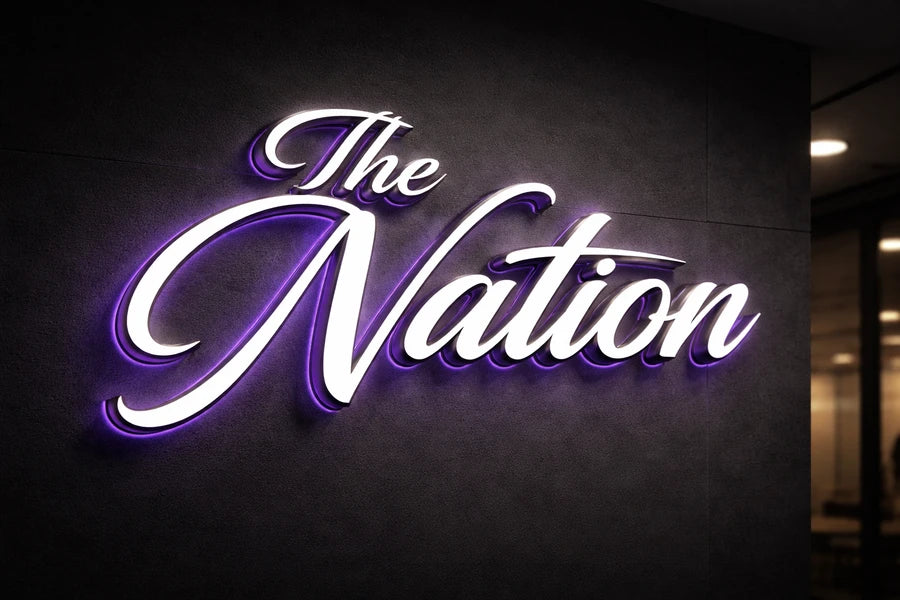Halo-lit metal letters for The Nation