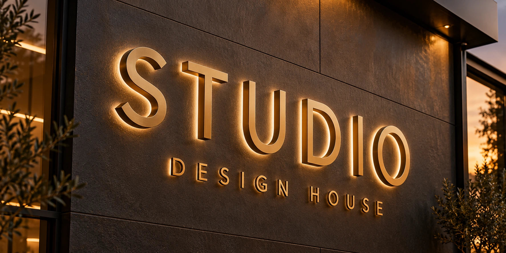 Close-up concept of dimensional gold metal lettering with warm halo illumination
